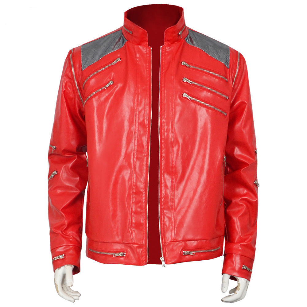 Kids Adults King of Pop Stage Performance Outfit Red 80s Shiny PU Leather Jacket and Pants Set for Fans Cosplay Events