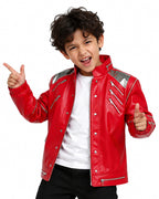 King of Pop Costume Red PU Leather Dance Star Jacket Retro 80s Tops for Kids Adults Cosplay Carnival