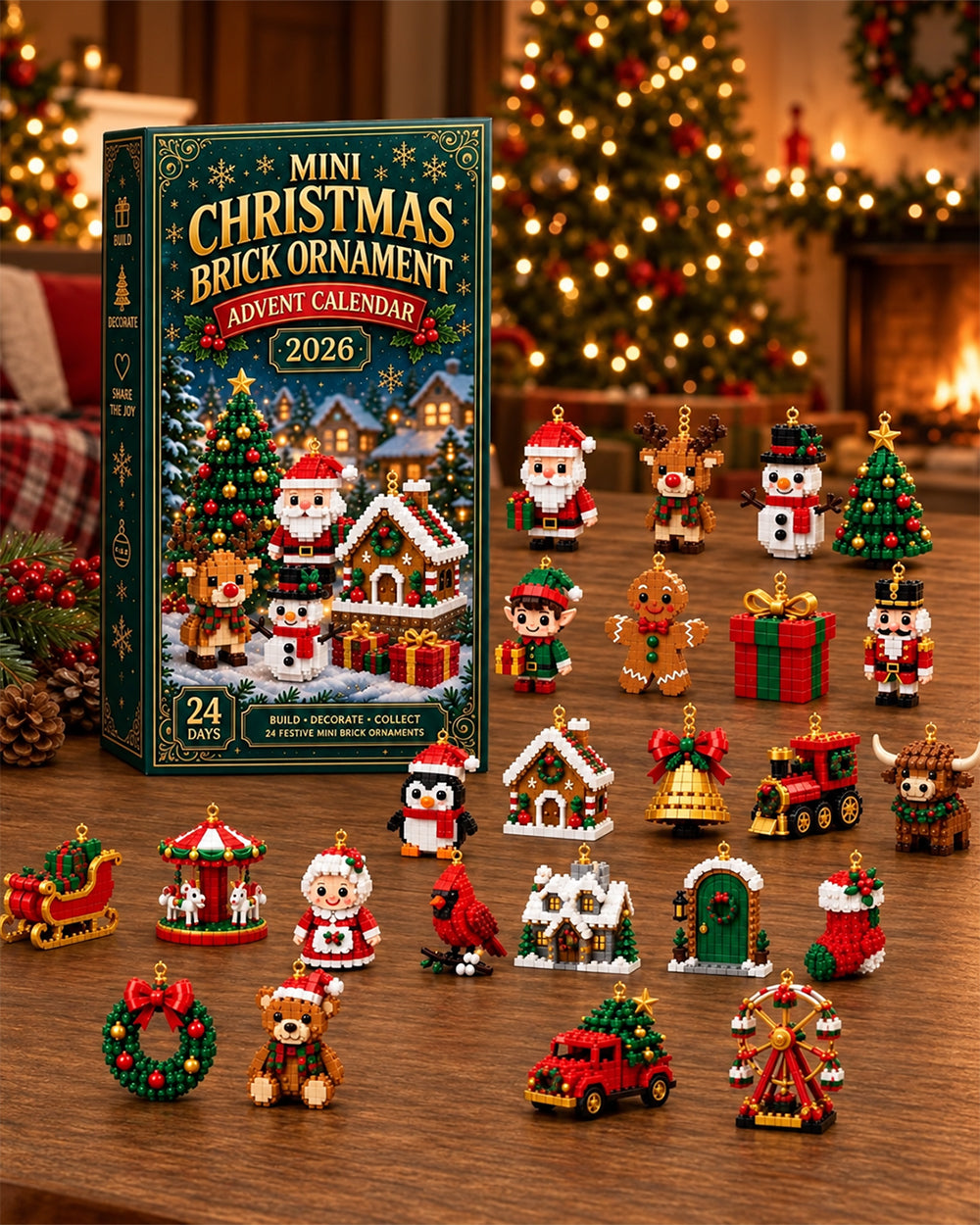 2026 Mini Christmas Brick Ornament Advent Calendar 24-Day Hanging Tree Decor