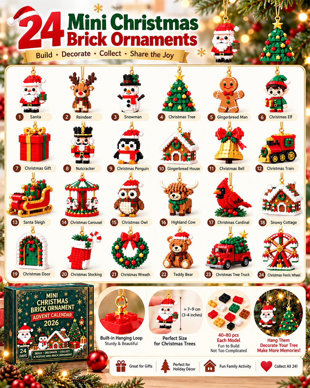 2026 Mini Christmas Brick Ornament Advent Calendar 24-Day Hanging Tree Decor