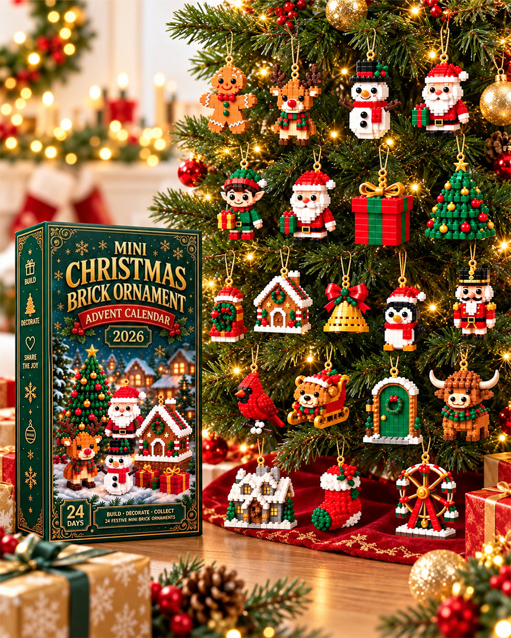 2026 Mini Christmas Brick Ornament Advent Calendar 24-Day Hanging Tree Decor