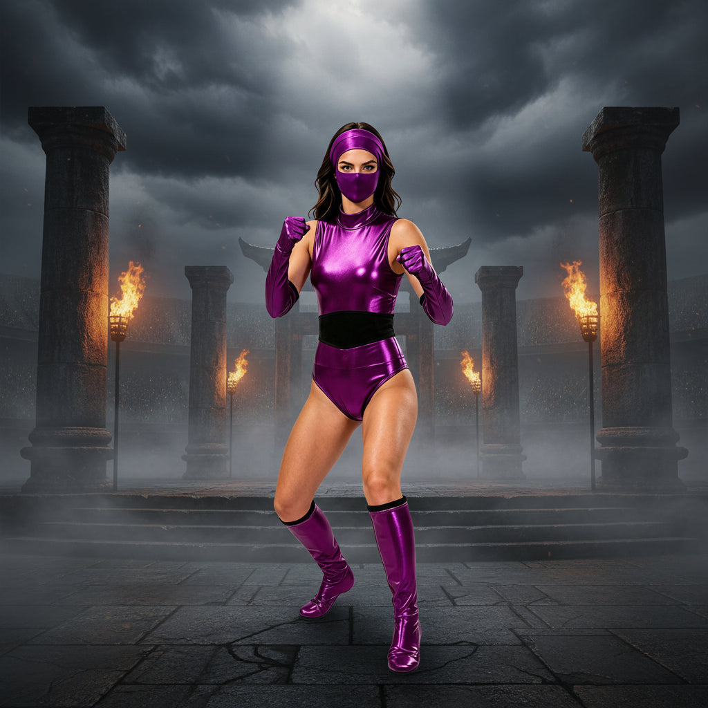 Women Mileena Costume Metallic Purple Warrior Jumpsuit with Mask and Accessories for Masquerade