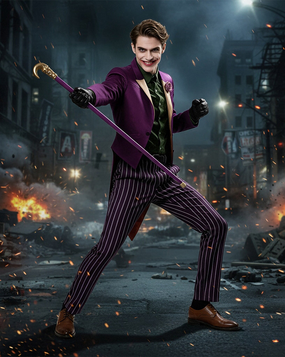 Men's Joker Costume Purple Clown Tuxedo with Shirt and Pants for Cosplay Carnival Events
