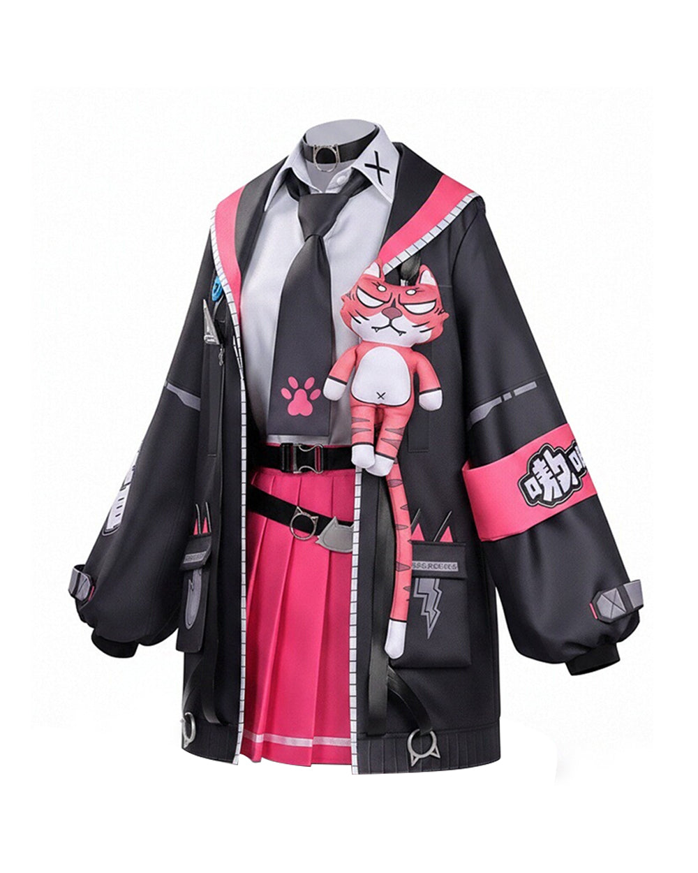 Women Nanally Costume Game Inspired Pink and Black Girls Uniform Set with Chest Cat Plush Toy for Fans Cosplay
