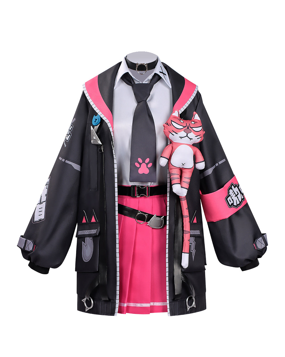 Women Nanally Costume Game Inspired Pink and Black Girls Uniform Set with Chest Cat Plush Toy for Fans Cosplay