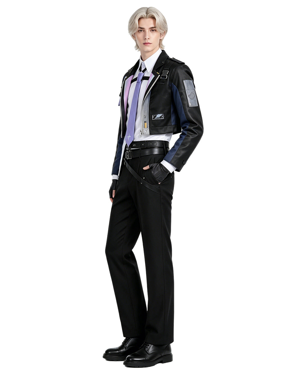 Mens NTE Zero Costume Black Cropped Jacket and Pants Cosplay Set for Dress Up Party