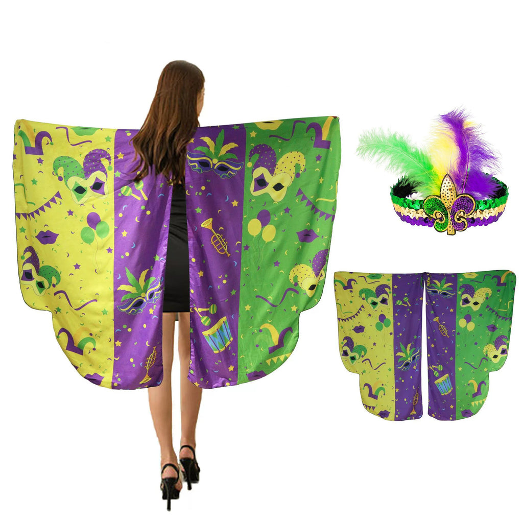 Ladies Mardi Gras Outfit Fashion Cloak and Headband 2 pcs Suit for Raucous Street Parties