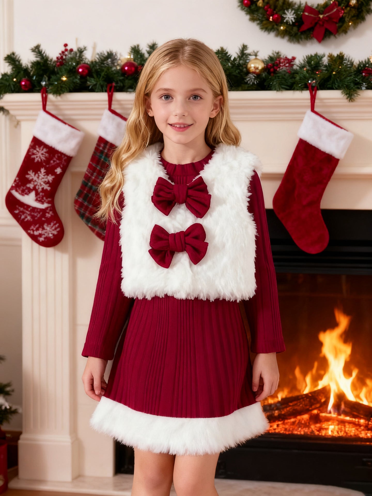 Girls Christmas Costume Long Sleeve Dress and White Fleece Vest 2pcs Suit for Xmas Party