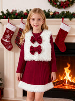 Girls Christmas Costume Long Sleeve Dress and White Fleece Vest 2pcs Suit for Xmas Party