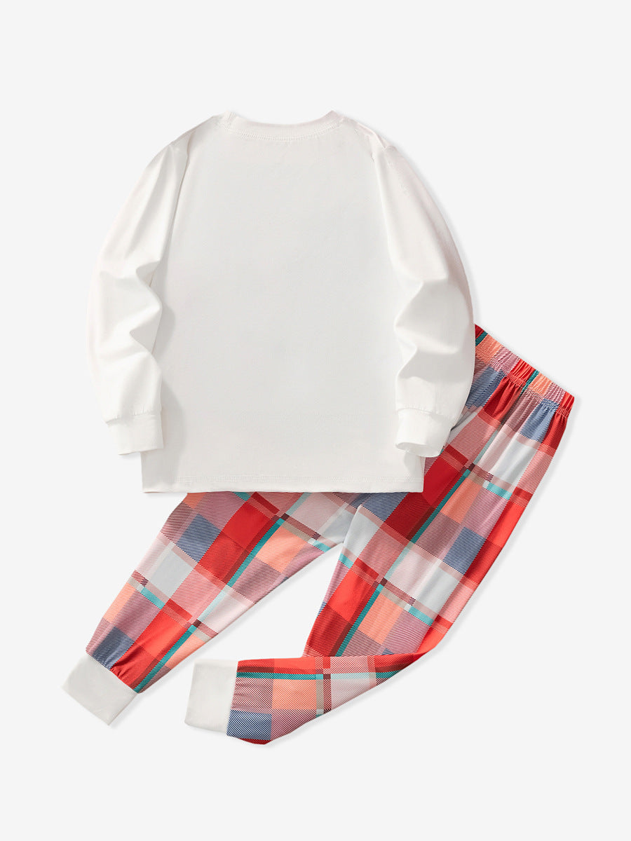 Boys Christmas Pajamas White Long Sleeve Top with Plaid Pants for Sleepwear
