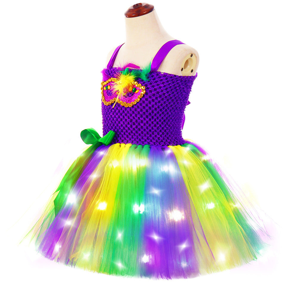 Girls Mardi Gras Light Up Costume LED Dress and Headband for Parade