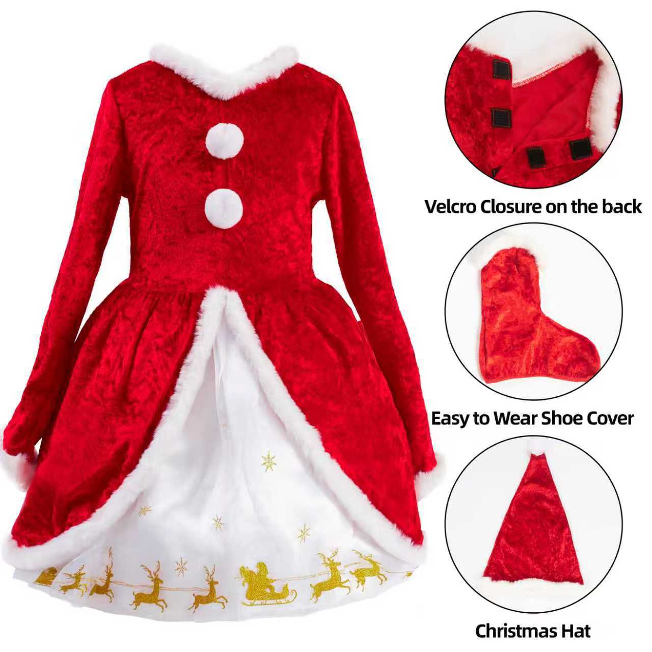 Girls Christmas Dress Soft Velvet Santa Costume Holiday Long Sleeve Party Outfit