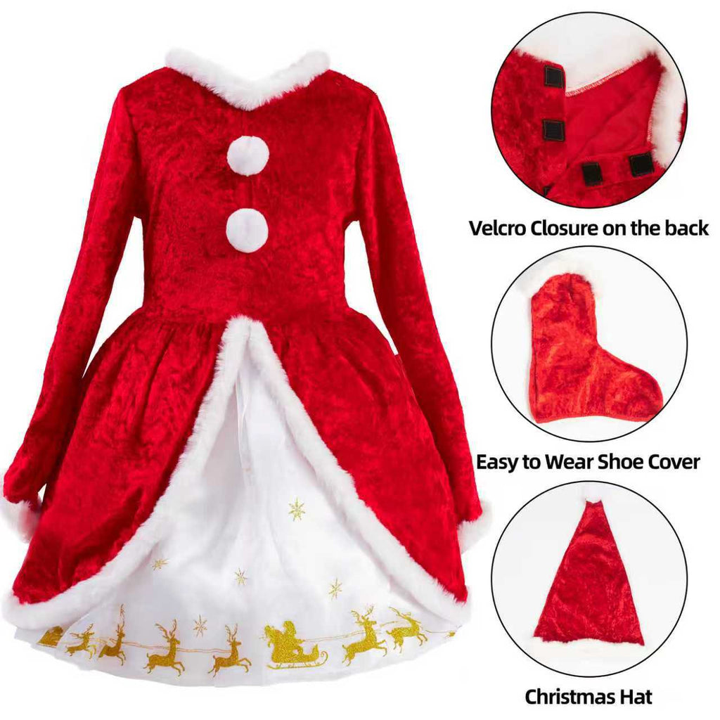 Girls Christmas Dress Soft Velvet Santa Costume Holiday Long Sleeve Party Outfit