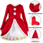 Girls Christmas Dress Soft Velvet Santa Costume Holiday Long Sleeve Party Outfit
