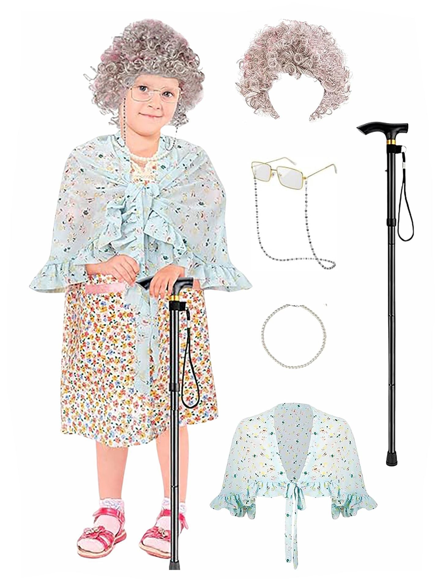 Kids Old Lady Costume 100th Day of School Grandma Outfit Dress and Accessories Full Set