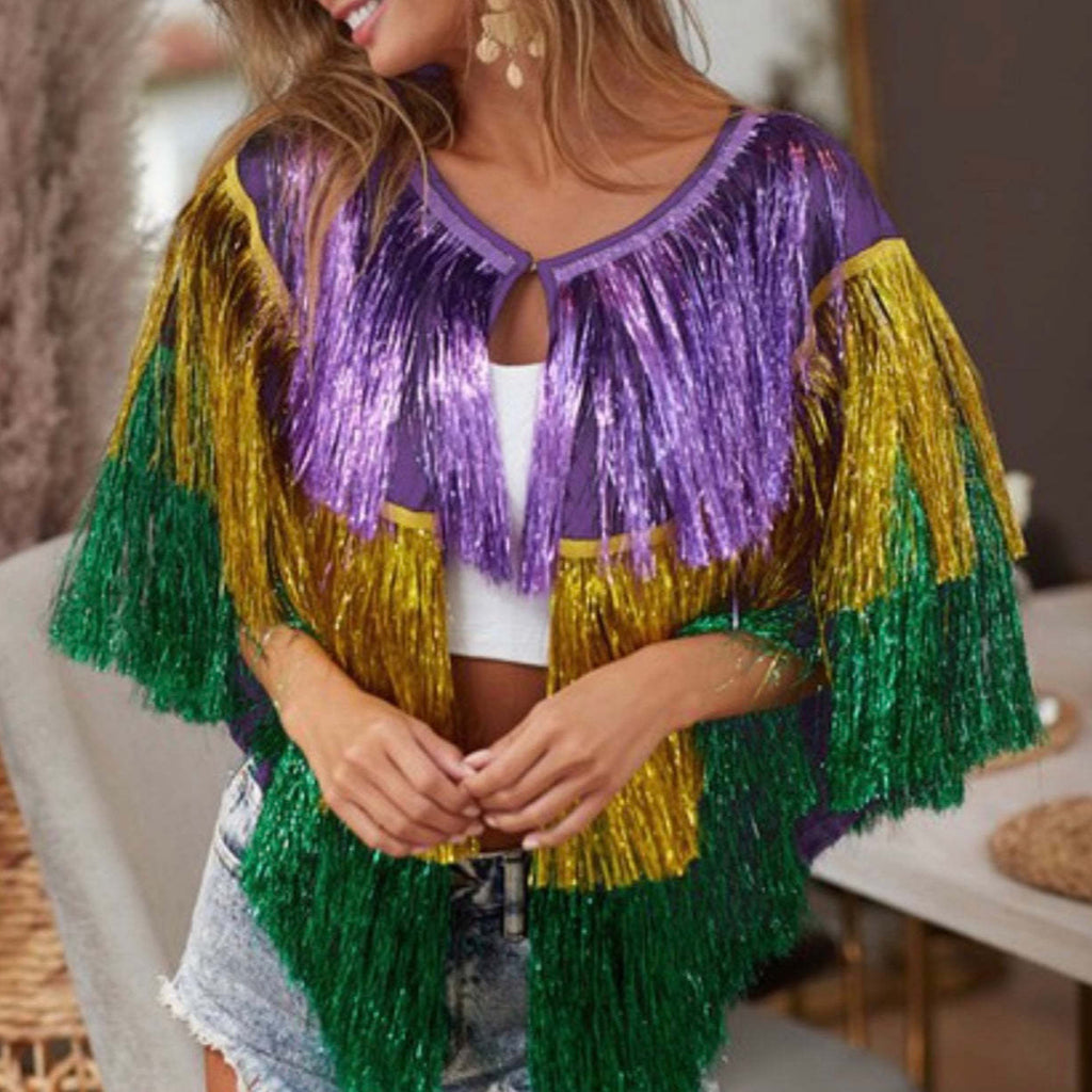 Women Mardi Gras Costume Tassel Tops Tinsel Shawl for Carnival Party