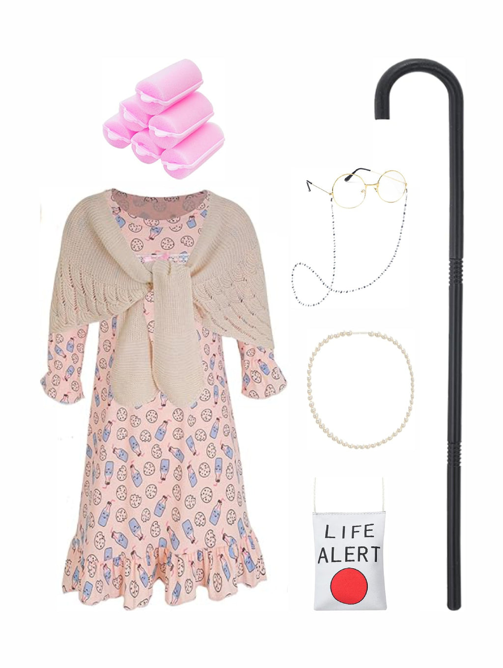 Girls 100th Days of School Costume Grandama Dress Walking Stick and Accessories for Kids