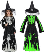 Girls Glow in the Dark Skeleton Costume Skeleton Dress and Witch Hat 2pcs Set for Cosplay Party 4T-10Y