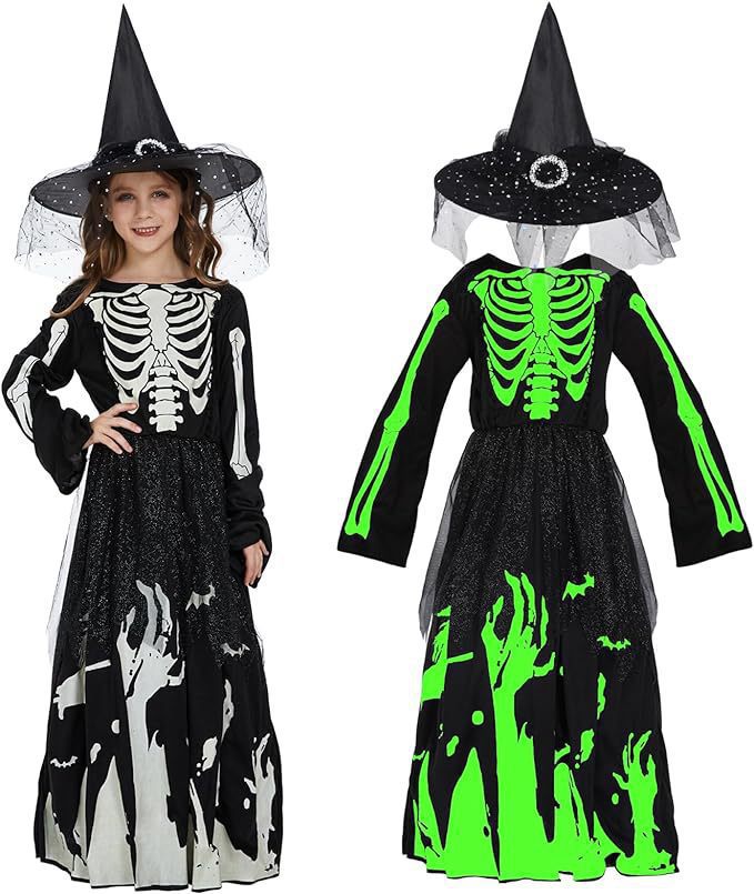 Girls Glow in the Dark Skeleton Costume Skeleton Dress and Witch Hat 2pcs Set for Cosplay Party 4T-10Y
