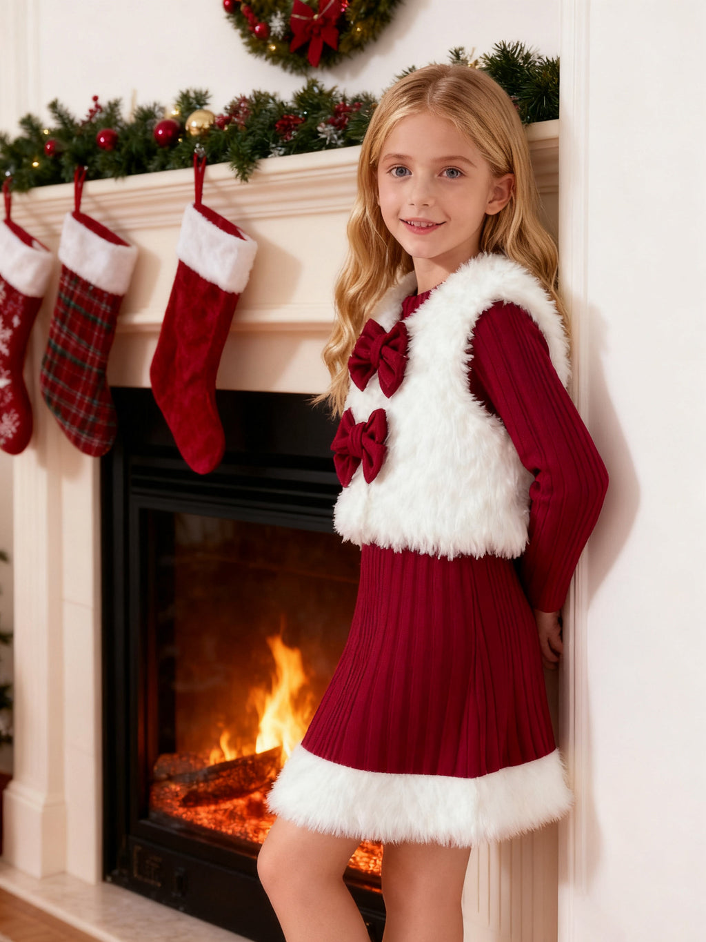 Girls Christmas Costume Long Sleeve Dress and White Fleece Vest 2pcs Suit for Xmas Party