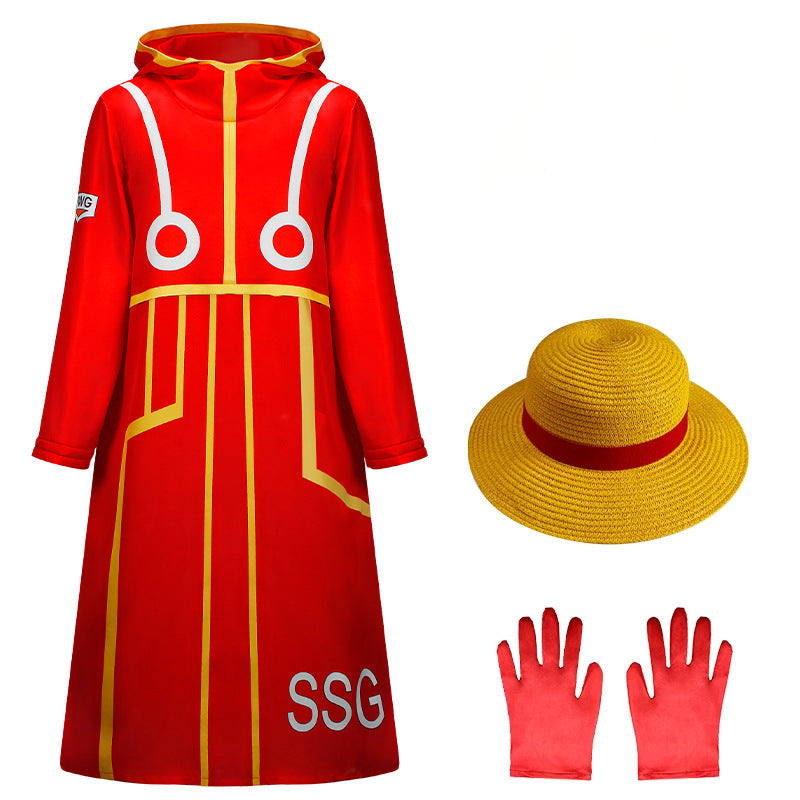 King of Pirate Costume Kids Adults Red Coat with Straw Hat and Gloves for Cosplay