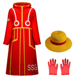 Loofie Costume Kids Adults Egghead Island Arc Red Coat with Straw Hat and Gloves for Cosplay