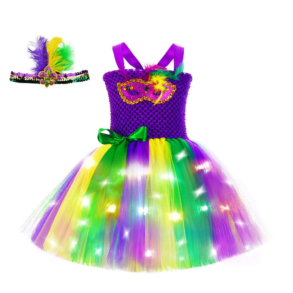 Girls Mardi Gras Light Up Costume LED Dress and Headband for Parade