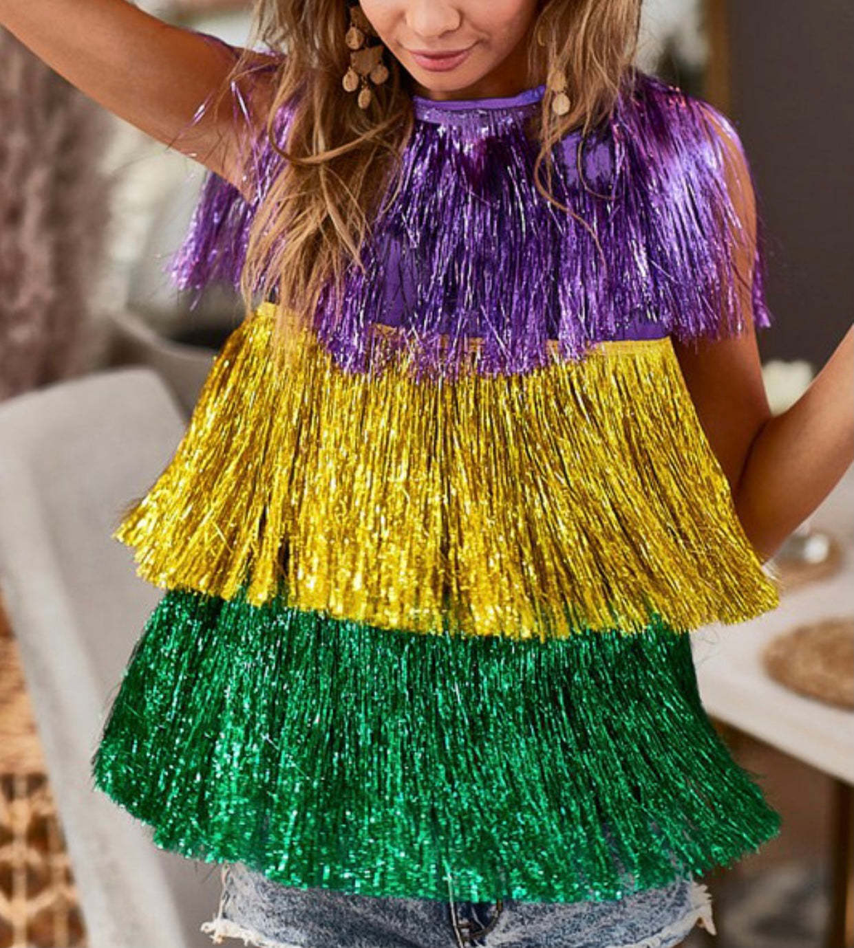 Women Mardi Gras Costume Tassel Tops Tinsel Shawl for Carnival Party
