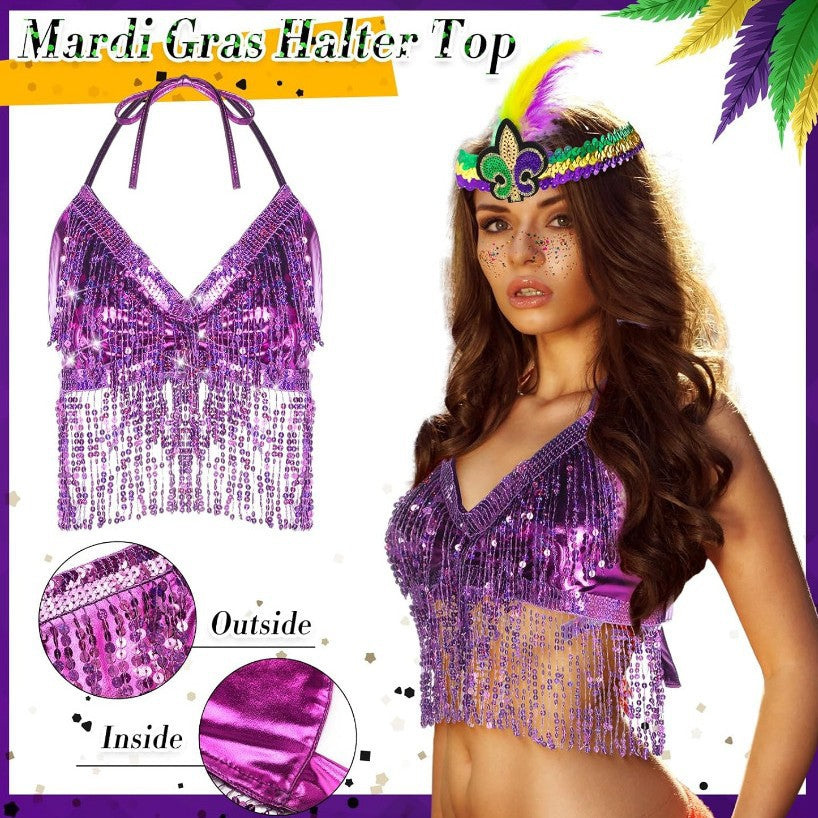 Ladies Mardi Gras Outfits Sequin Tassel Tops Skirt and Headband for Carnival