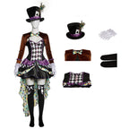 Women The Hatter Costume Dress Hat Gloves Stocking and Shrug 5pcs Set for Halloween Cosplay