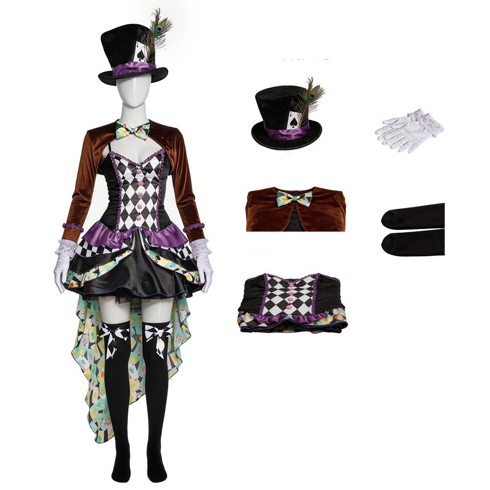 Women The Hatter Costume Dress Hat Gloves Stocking and Shrug 5pcs Set for Halloween Cosplay
