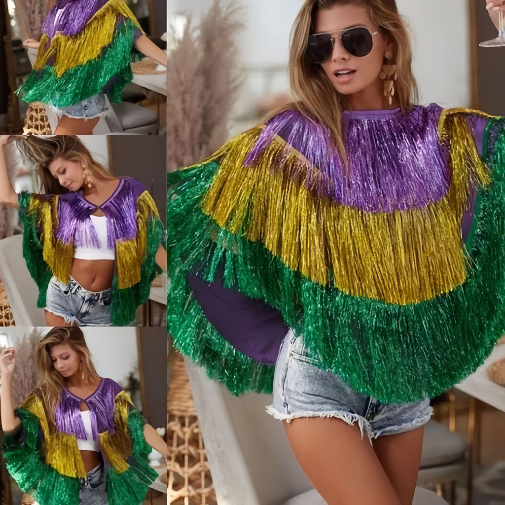 Women Mardi Gras Costume Tassel Tops Tinsel Shawl for Carnival Party