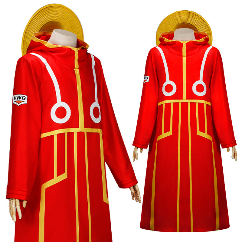 King of Pirate Costume Kids Adults Red Coat with Straw Hat and Gloves for Cosplay