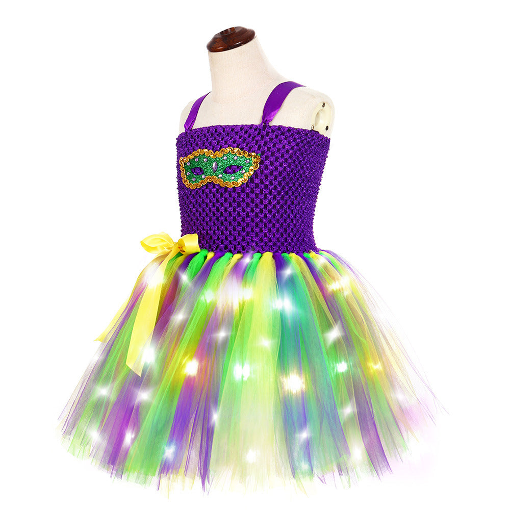 Girls Mardi Gras Light Up Costume LED Dress and Headband for Parade