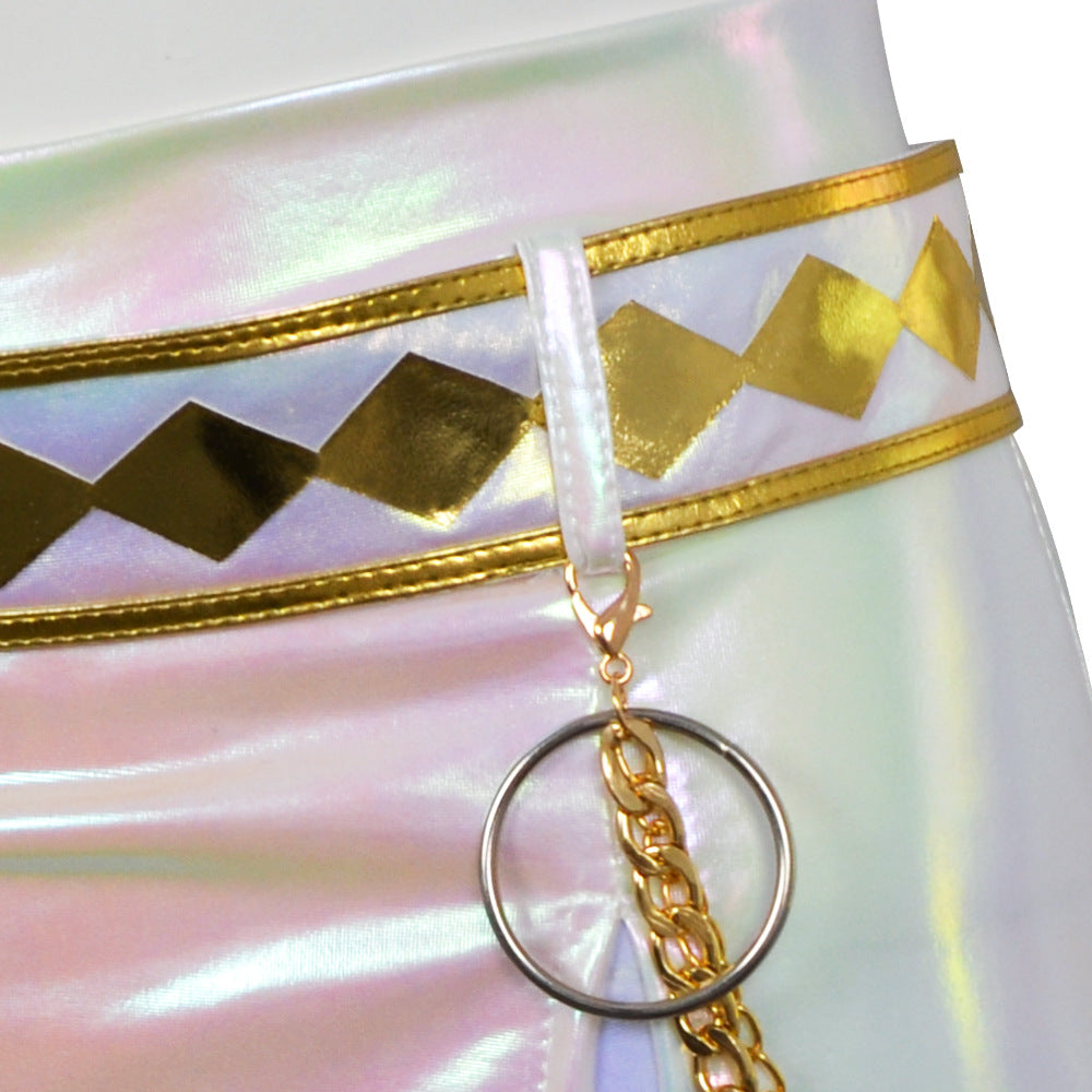 Pop Idol Costume White PU Leather Outfit Stage Performance Dress for Halloween Cosplay