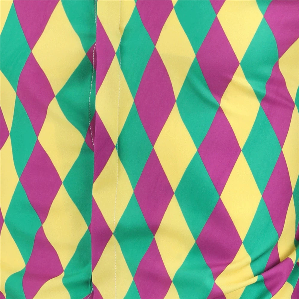 Men's Mardi Gras Outfit Purple Green and Yellow Print Shirt for Festival