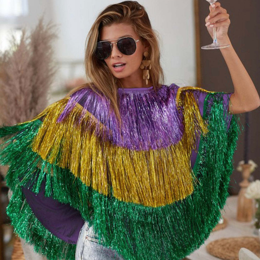 Women Mardi Gras Costume Tassel Tops Tinsel Shawl for Carnival Party