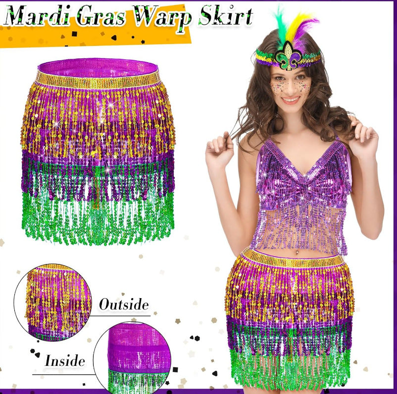 Ladies Mardi Gras Outfits Sequin Tassel Tops Skirt and Headband for Carnival