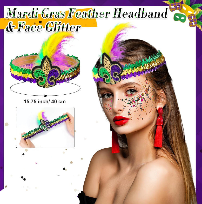 Ladies Mardi Gras Outfits Sequin Tassel Tops Skirt and Headband for Carnival