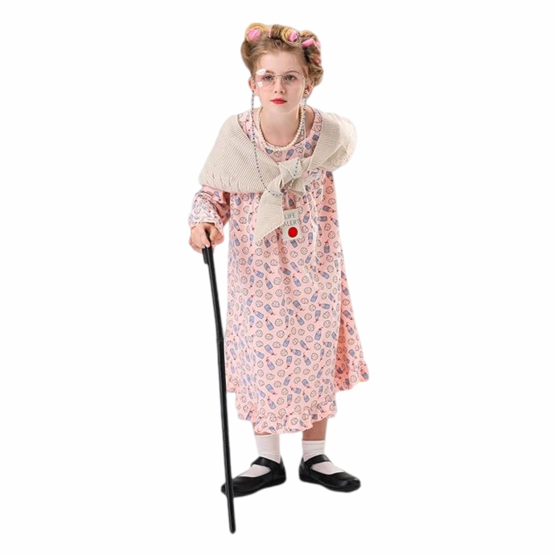 Girls 100th Days of School Costume Grandama Dress Walking Stick and Accessories for Kids