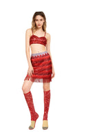 Popstar Performance Costume Red Sequin Fringe Skirt with Sparkly Bra and Socks for Cosplay