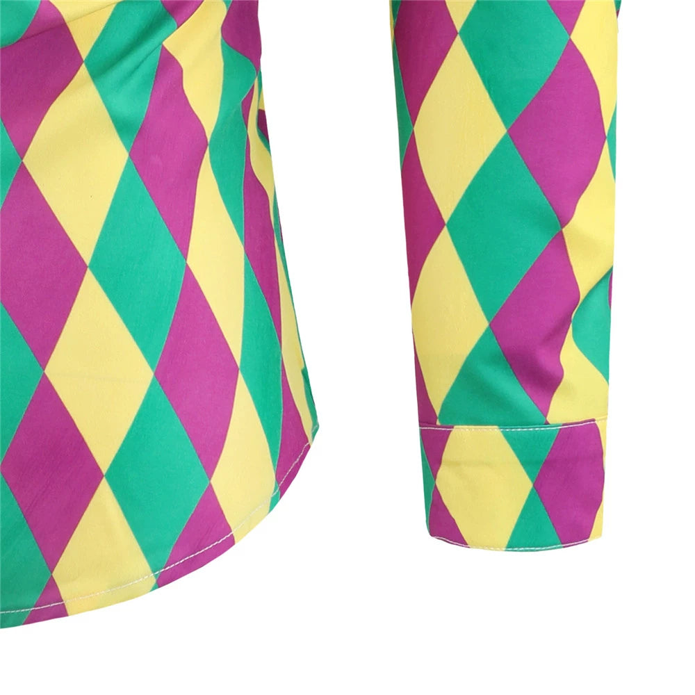 Men's Mardi Gras Outfit Purple Green and Yellow Print Shirt for Festival