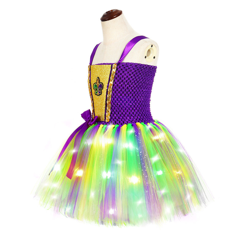 Girls Mardi Gras Light Up Costume LED Dress and Headband for Parade