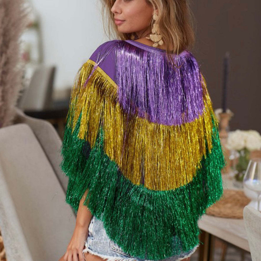 Women Mardi Gras Costume Tassel Tops Tinsel Shawl for Carnival Party
