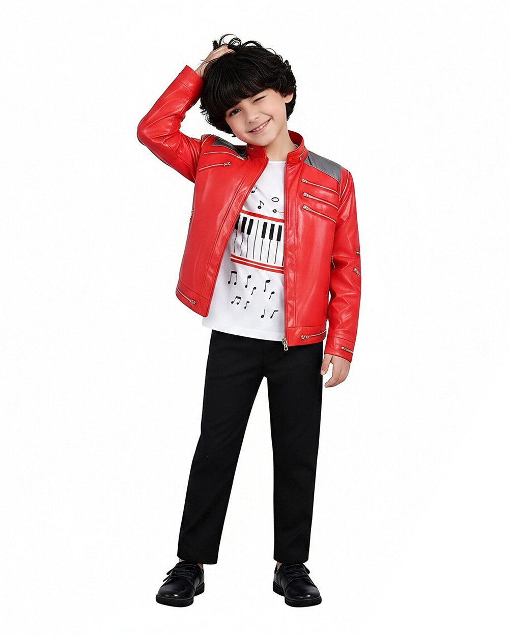Kids Adults King of Pop Stage Performance Outfit Red 80s Shiny PU Leather Jacket and Pants Set for Fans Cosplay Events