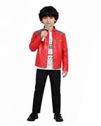 Kids Adults King of Pop Stage Performance Outfit Red 80s Shiny PU Leather Jacket and Pants Set for Fans Cosplay Events