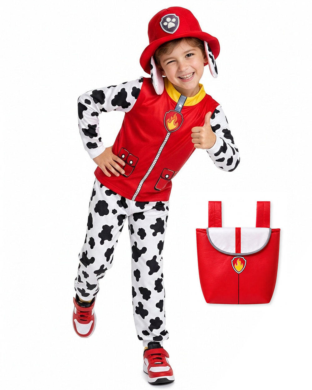 Kids Fire Rescue Dog Costume Unisex Shirt Pants Hat and Bag 4pcs Set for Dress-up Party
