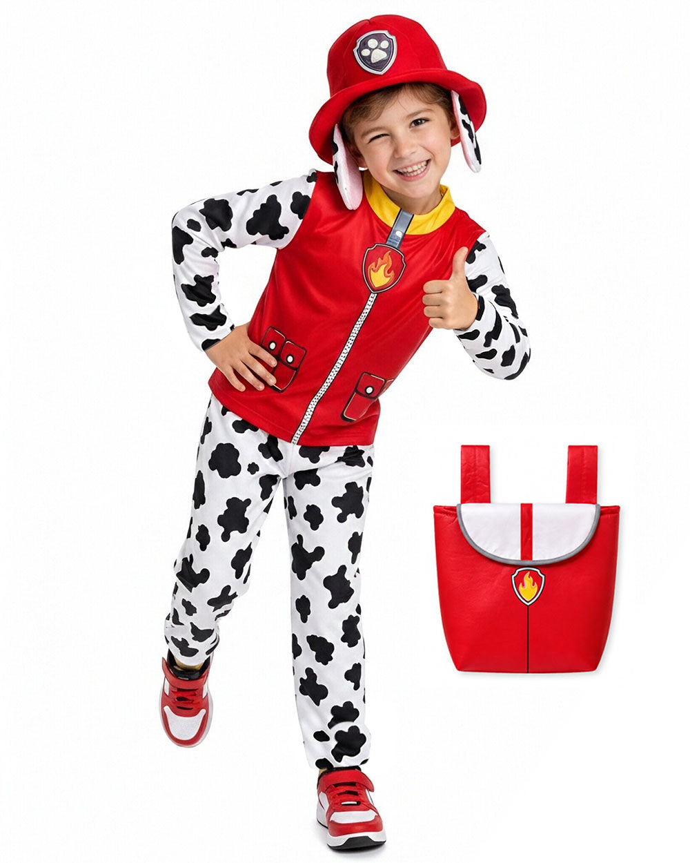 Kids Fire Rescue Dog Costume Unisex Shirt Pants Hat and Bag 4pcs Set for Dress-up Party