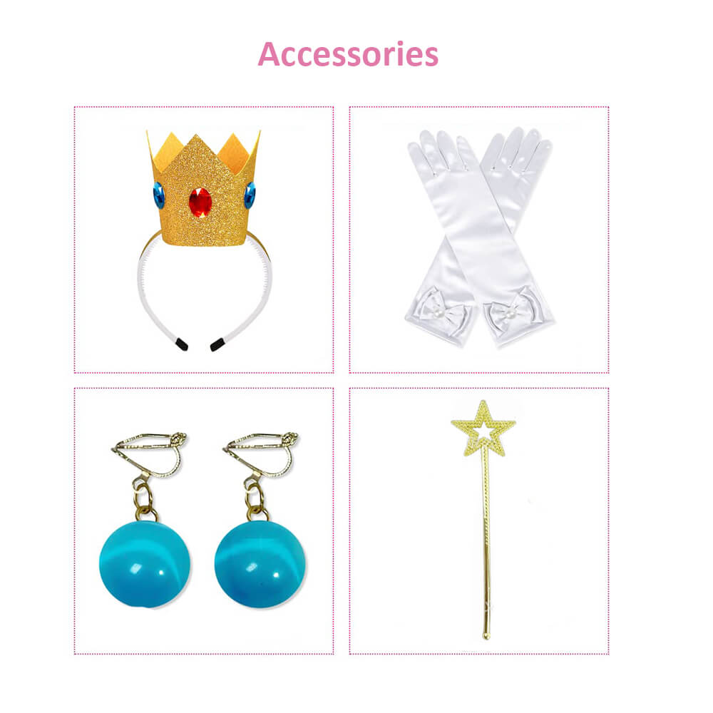 Peach Costume Girls Princess Outfit Super Brother Jumpsuit with Crown Gloves for Halloween Party