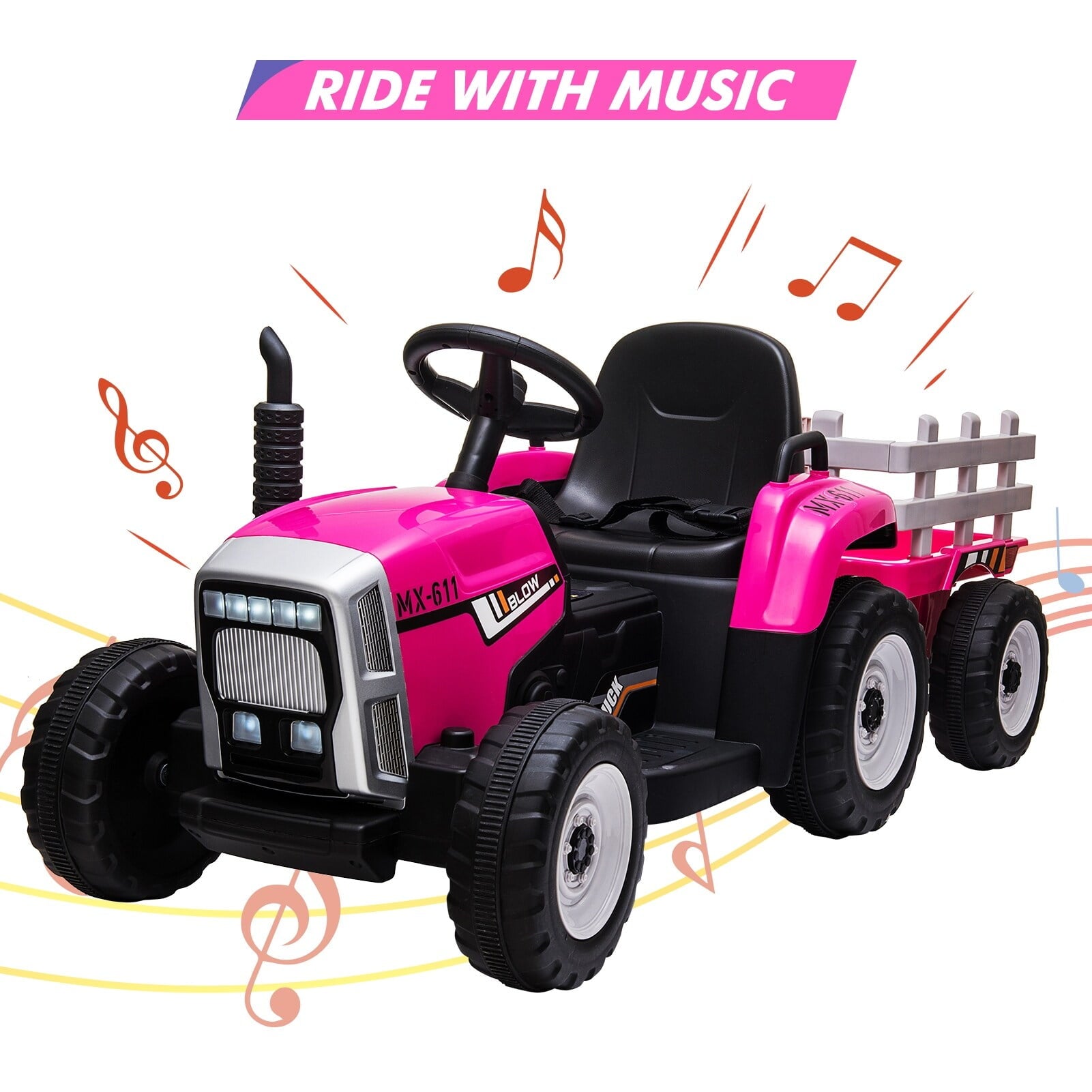 12V Childrens Ride on Tractor with Trailer Parent Remote Control Ride On Car Pink Ride-On Toy for Little Girls